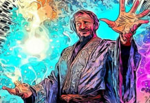 AI-generated artwork of sci-fi wizard invoking all of his mysterious energy to create the most powerful spell imaginable, drawn in comic-book art style.