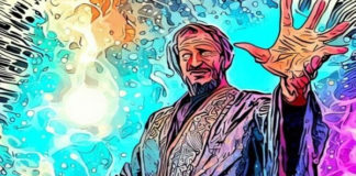 AI-generated artwork of sci-fi wizard invoking all of his mysterious energy to create the most powerful spell imaginable, drawn in comic-book art style.
