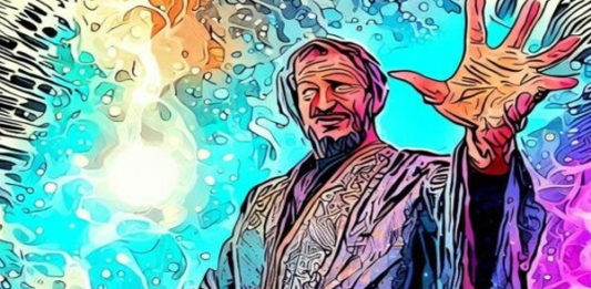 AI-generated artwork of sci-fi wizard invoking all of his mysterious energy to create the most powerful spell imaginable, drawn in comic-book art style.