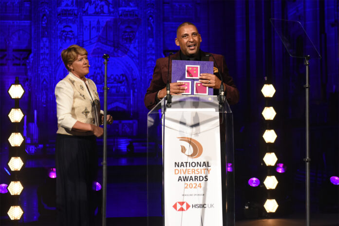 Clare Balding CBE alongside Paul Sesay presenting the 2024 National Diversity Awards
